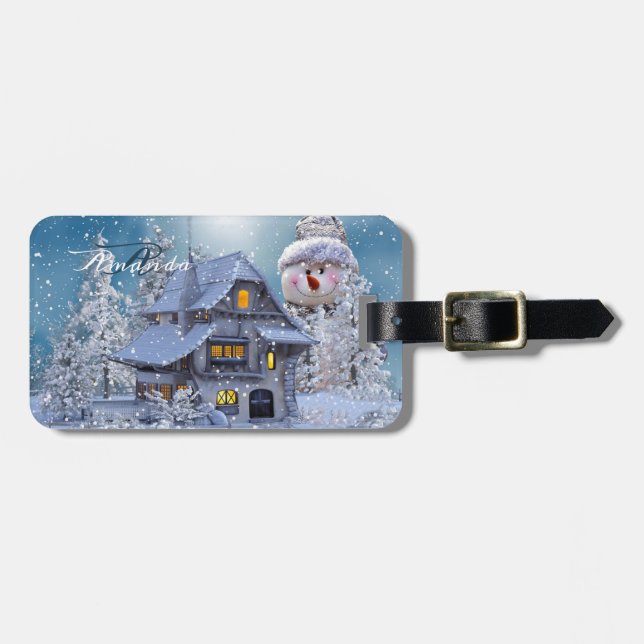 Christmas Monogram Winter White Snowman Blue Luggage Tag (Front Horizontal)