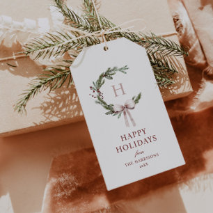 Christmas Monogram Wreath Blush Bow Gift Tags