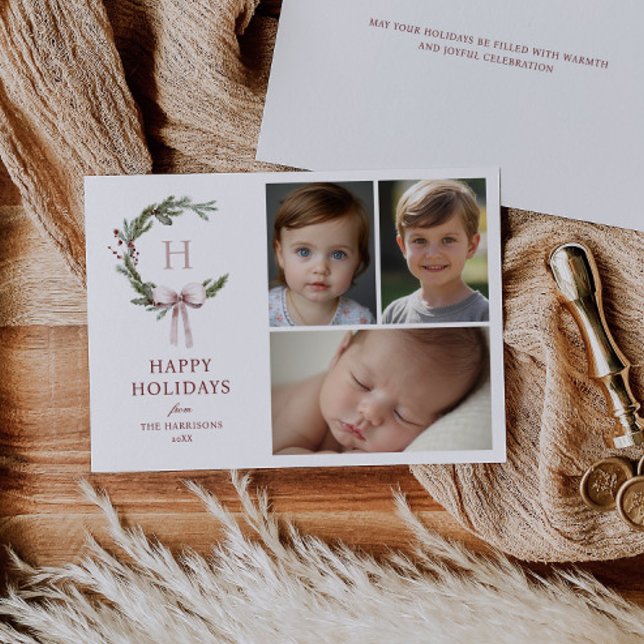 Christmas Monogram Wreath Blush Bow Photo Holiday Card (Creator Uploaded)