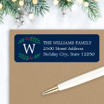 Christmas Monogram Wreath Navy Blue Return Address<br><div class="desc">Dress up your envelopes in style this holiday season!  The label design features a custom monogram initial design with festive green and red Christmas holly greenery wreath with berries and white return address text that can be personalised.</div>