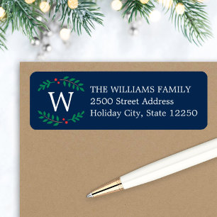 Christmas Monogram Wreath Navy Holiday Address