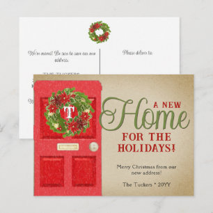 Christmas Monogram Wreath on Red Door Moving Postcard