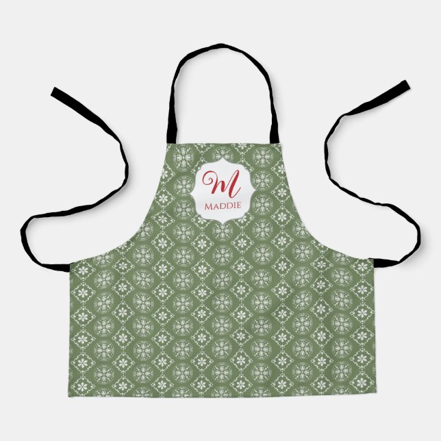 Christmas Monogrammed Cute Simple Snowflake Green Apron (Front)