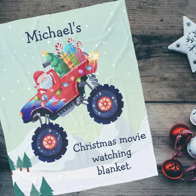 Christmas Monster Truck Santa Movie Watching Fleece Blanket (Creator Uploaded)