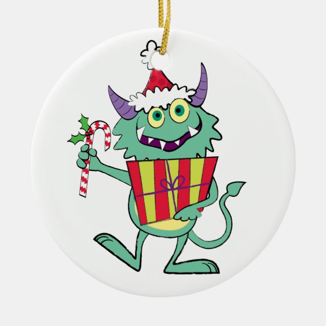 Christmas Monster with Gift Ceramic Tree Decoration (Front)