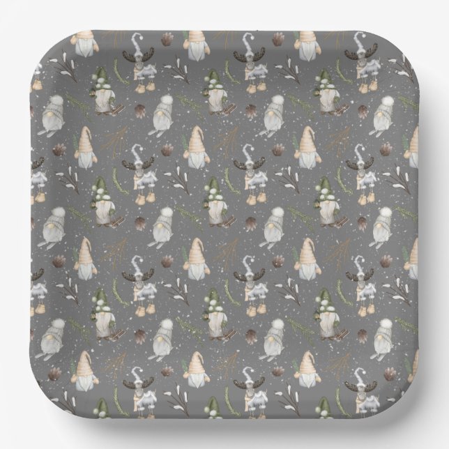 Christmas Moose and Gnomes Paper Plate (Front)