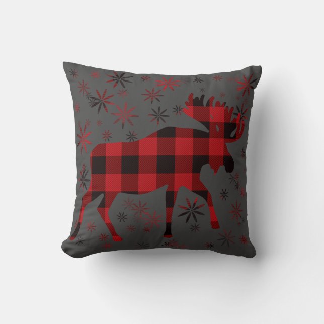 Christmas Moose classic red black plaid Cushion (Front)