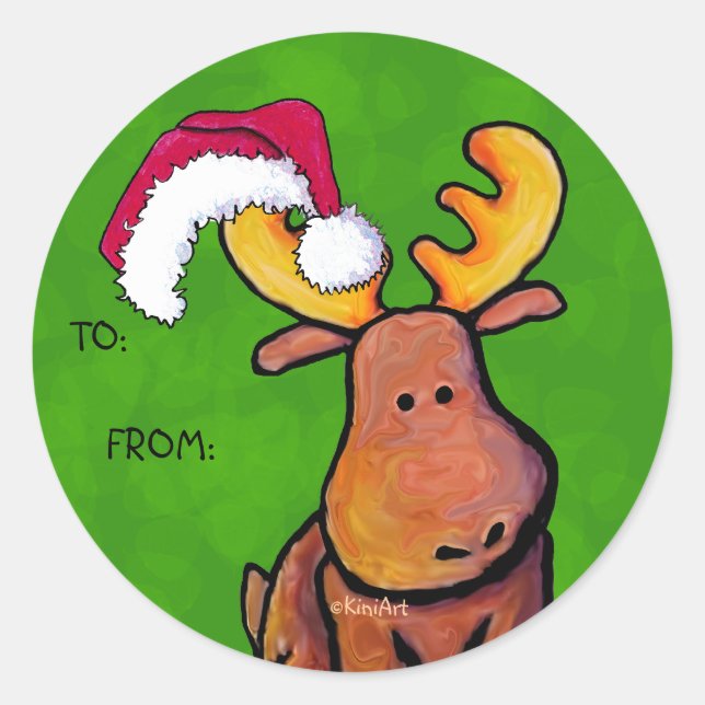 Christmas Moose Classic Round Sticker (Front)