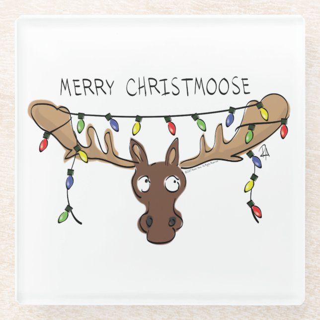 Christmas Moose Cute Funny Christmoose Glass Coaster (Front)