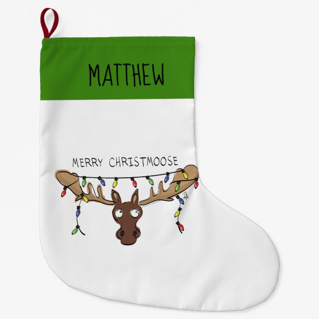 Christmas Moose Cute Funny Holiday Animal Large Christmas Stocking (Front)