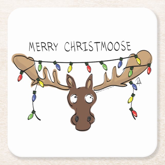 Christmas Moose Cute Funny Holiday Animal Square Paper Coaster (Front)