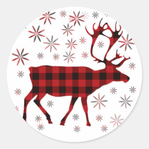 Christmas Moose, deer, elk, caribou, red plaids  Classic Round Sticker