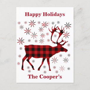 Christmas Moose, deer, elk, caribou, red plaids  Postcard