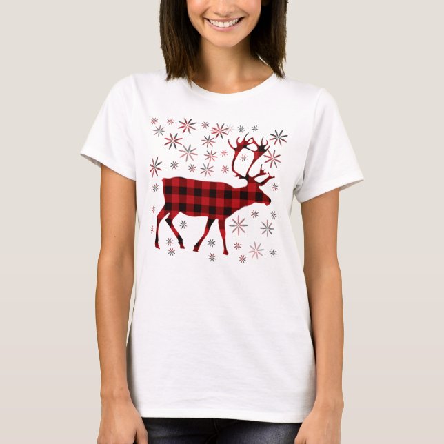 Christmas Moose, deer, elk, caribou, red plaids  T-Shirt (Front)