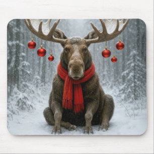 Christmas Moose In a Snowy Forest Mouse Mat