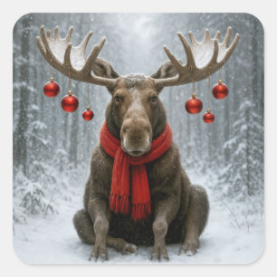 Christmas Moose In a Snowy Forest Square Sticker
