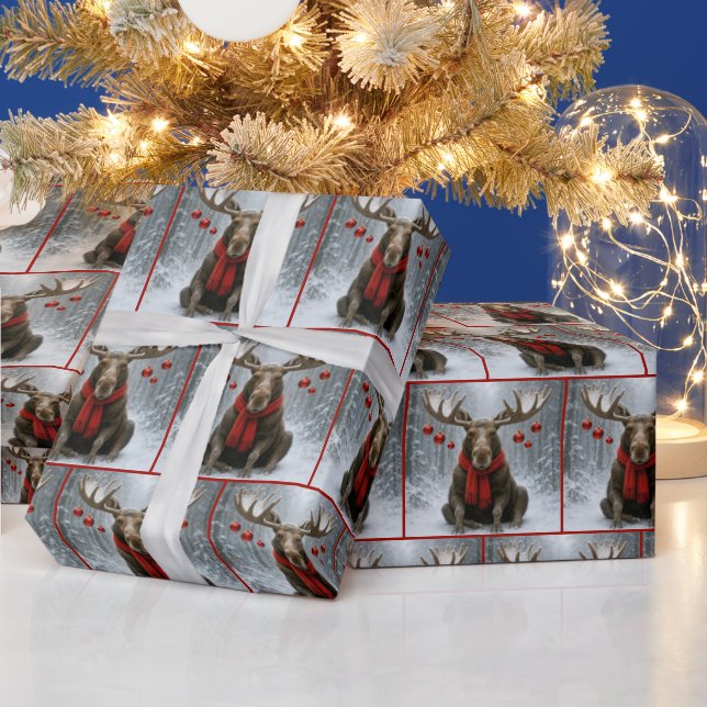 Christmas Moose In a Snowy Forest Wrapping Paper (Holidays)