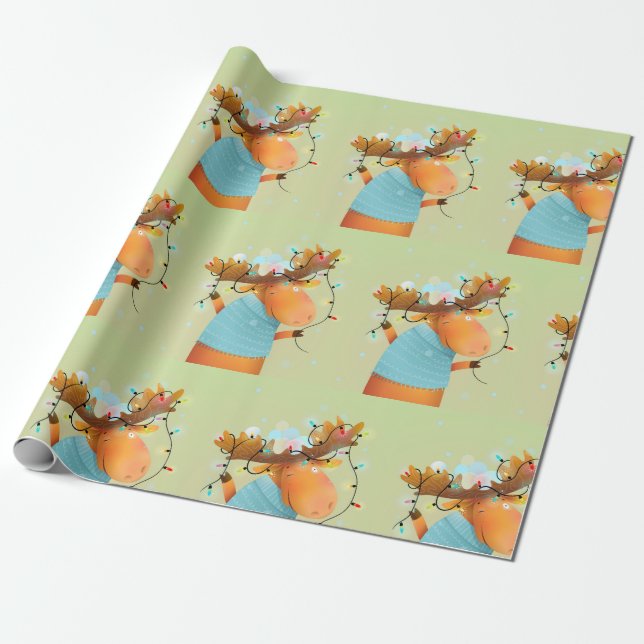 Christmas Moose Lights Funny Humour Animal Art Wrapping Paper (Unrolled)
