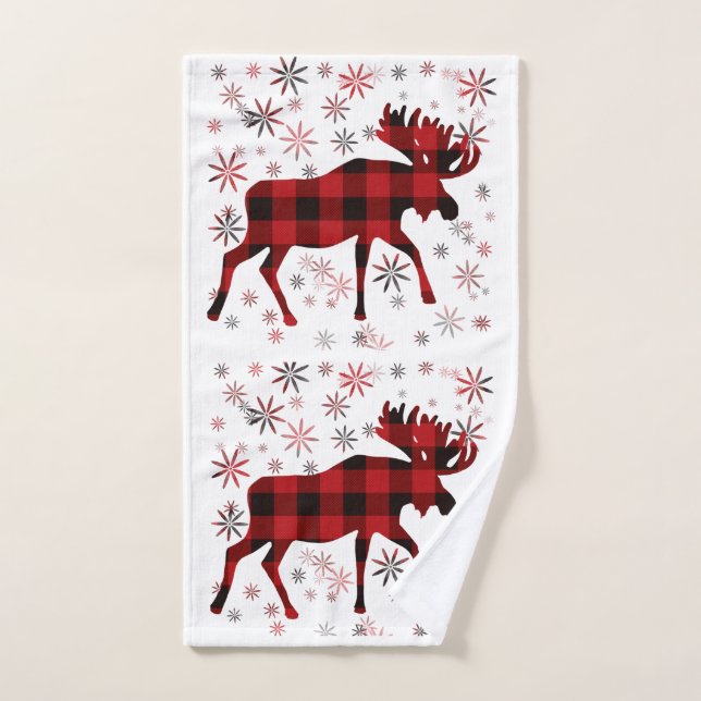 Christmas Moose red plaids snowflakes Bath Towel Set (Hand Towel)