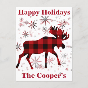 Christmas Moose red plaids snowflakes Postcard