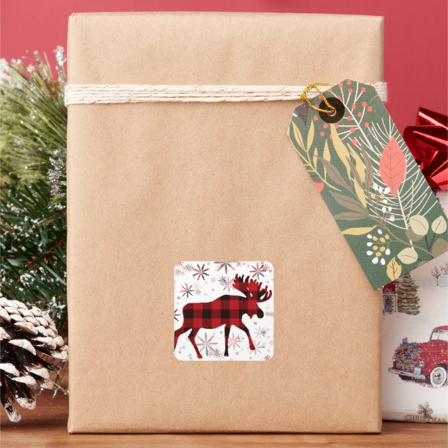 Christmas Moose red plaids snowflakes Square Sticker (Holiday)