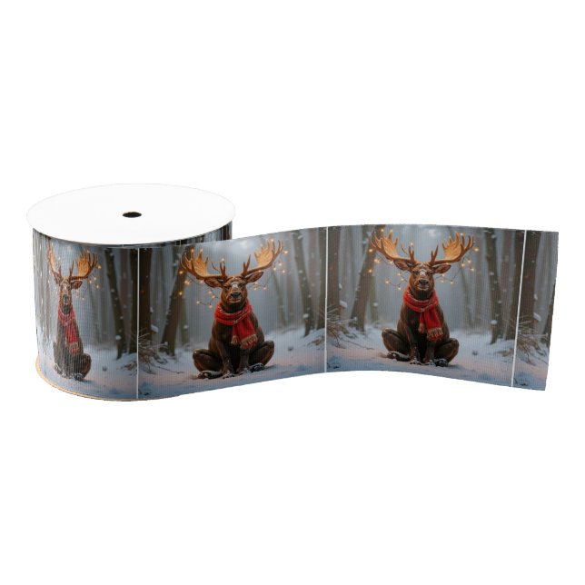 Christmas Moose Wearing Scarf and Lights Grosgrain Ribbon (Spool)