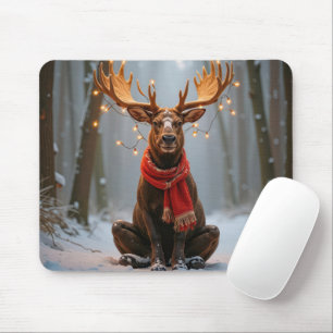 Christmas Moose Wearing Scarf and Lights Mouse Mat