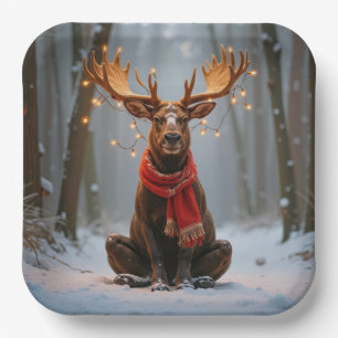 Christmas Moose Wearing Scarf and Lights Paper Plate