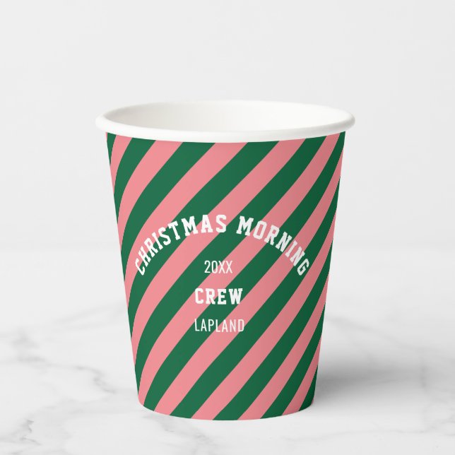 Christmas Morning Crew Green Pink Candy Stripe Paper Cups (Front)