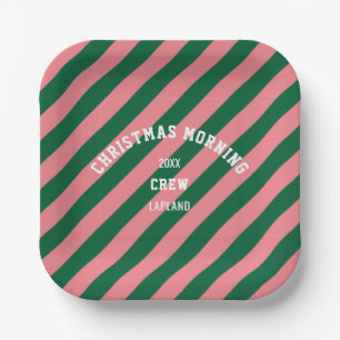 Christmas Morning Crew Green Pink Candy Stripes Paper Plate