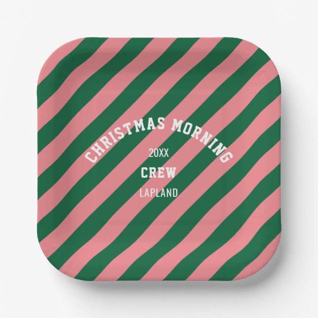 Christmas Morning Crew Green Pink Candy Stripes Paper Plate (Front)