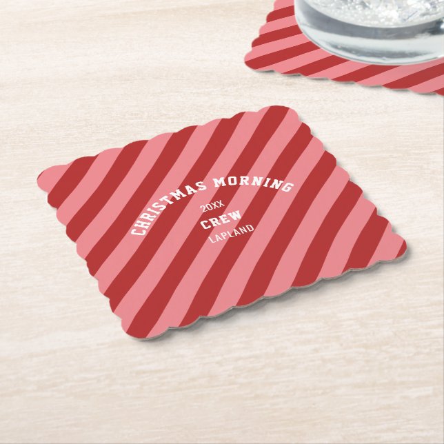 Christmas Morning Crew Red Pink Candy Stripes Paper Coaster (Angled)