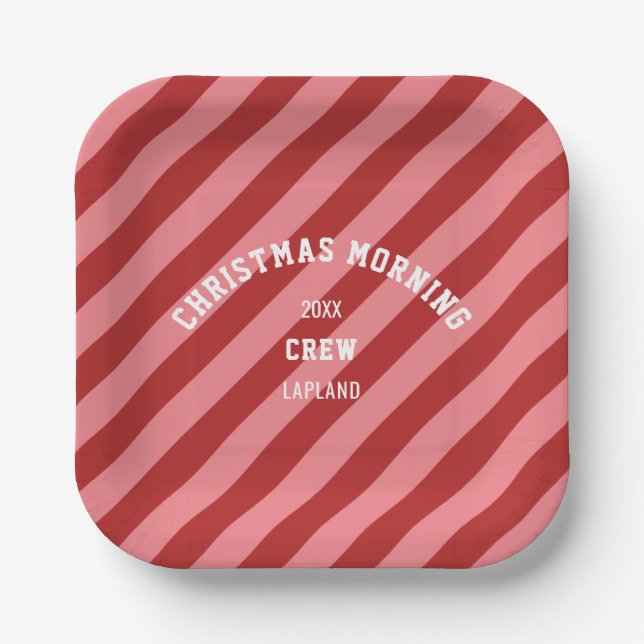 Christmas Morning Crew Red Pink Candy Stripes Paper Plate (Front)
