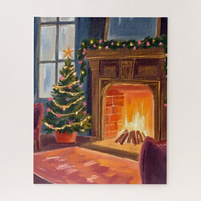 Christmas Morning Fireplace Watercolor Jigsaw Puzzle (Vertical)