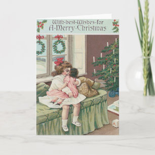 Christmas Morning Tree Present Girl Doll Holiday Card