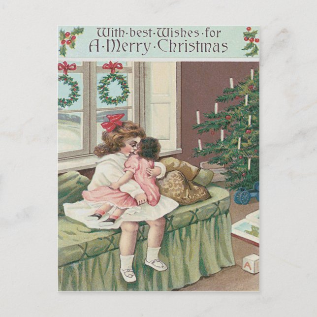 Christmas Morning Tree Present Girl Doll Holiday Postcard (Front)