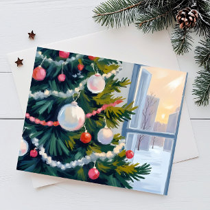 Christmas Morning   Watercolor Tree Ornaments Holiday Card