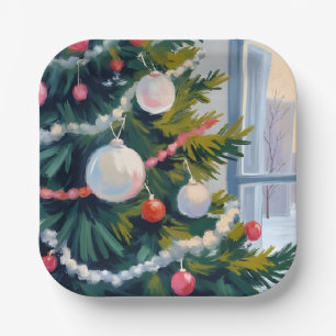 Christmas Morning   Watercolor Tree Ornaments Paper Plate