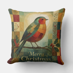 Christmas Mosaic Robin Bird Holly Berry Cushion