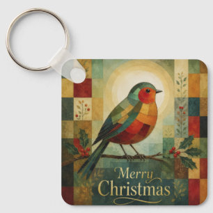 Christmas Mosaic Robin Bird Holly Berry Key Ring