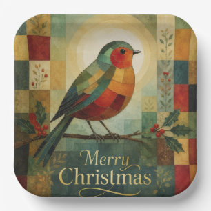 Christmas Mosaic Robin Bird Holly Berry Paper Plate