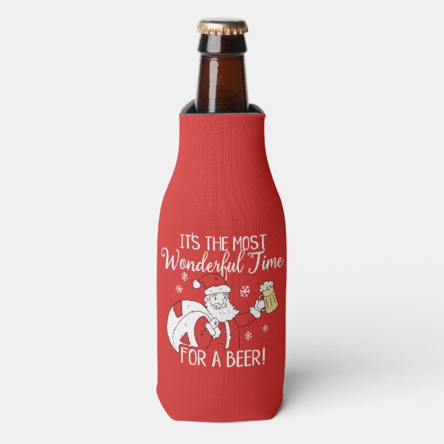 Christmas Most Wonderful Time for a Beer Santa Bottle Cooler (Bottle Front)