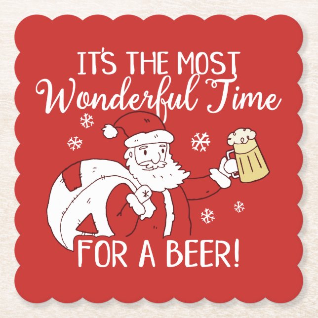 Christmas Most Wonderful Time for a Beer Santa Paper Coaster (Front)