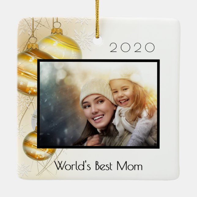 Christmas mother World's best Mom photo gold Ceramic Ornament (Back)