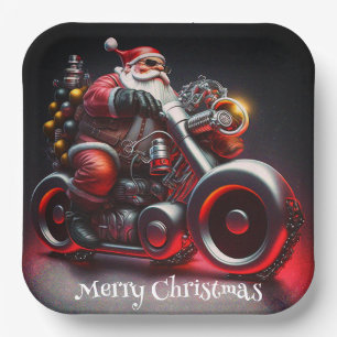 Christmas Motorcycle Biker Santa Paper Plate