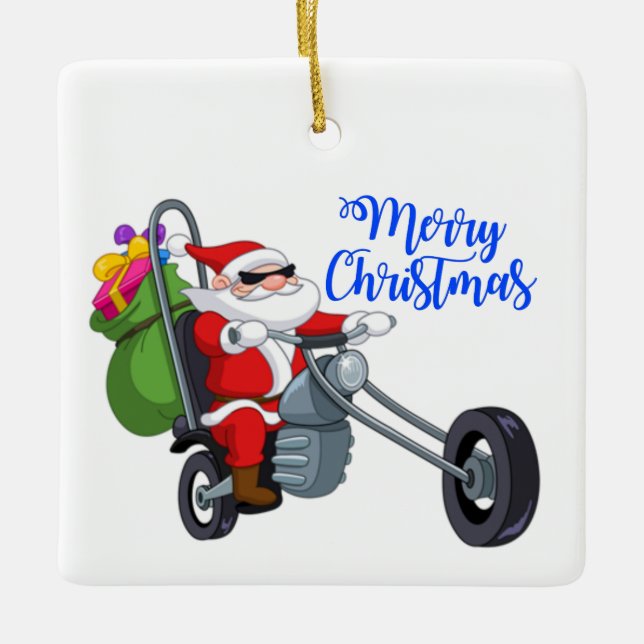 christmas motorcycle santa ceramic ornament (Front)