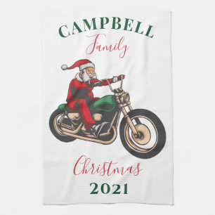 Christmas Motorcyclist Family Santa Tea Towel