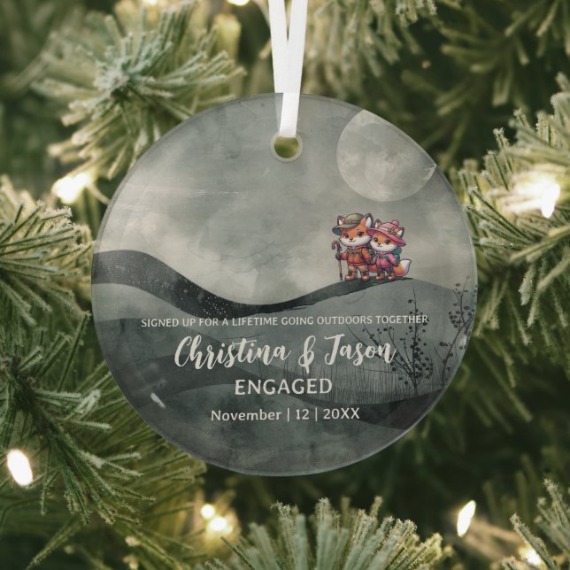Christmas Mountain Hills Hiking  Couple Engagement Glass Tree Decoration (Insitu)