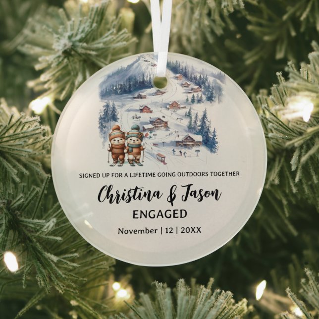 Christmas Mountain Skiing Snow Couple Engagement Glass Tree Decoration (Insitu)
