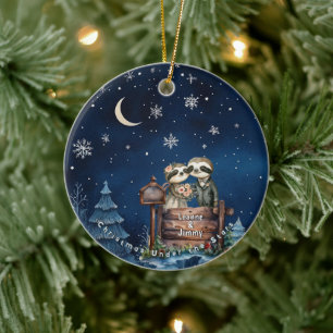 Christmas Mountain Watercolor Newlywed Couple Ceramic Tree Decoration